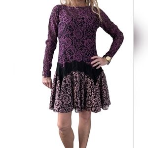 Zac Posen Purple Black Lace Fit & Flare Designer Party Long Sleeve Dress Size 8